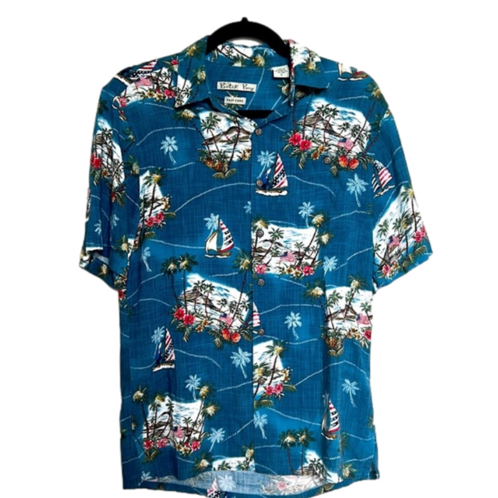 Batik‎ Bay USA Flag Camp Shirt Button Up Short Sleeve Men's Small